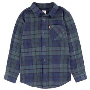 LEVI'S Boys Large 12/13 Years Navy Blue Green LS Cotton Blend Flannel Shirt NWT